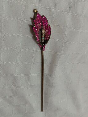 Antique brass floral hairpin adorned with sparkling pink rhinestones & details